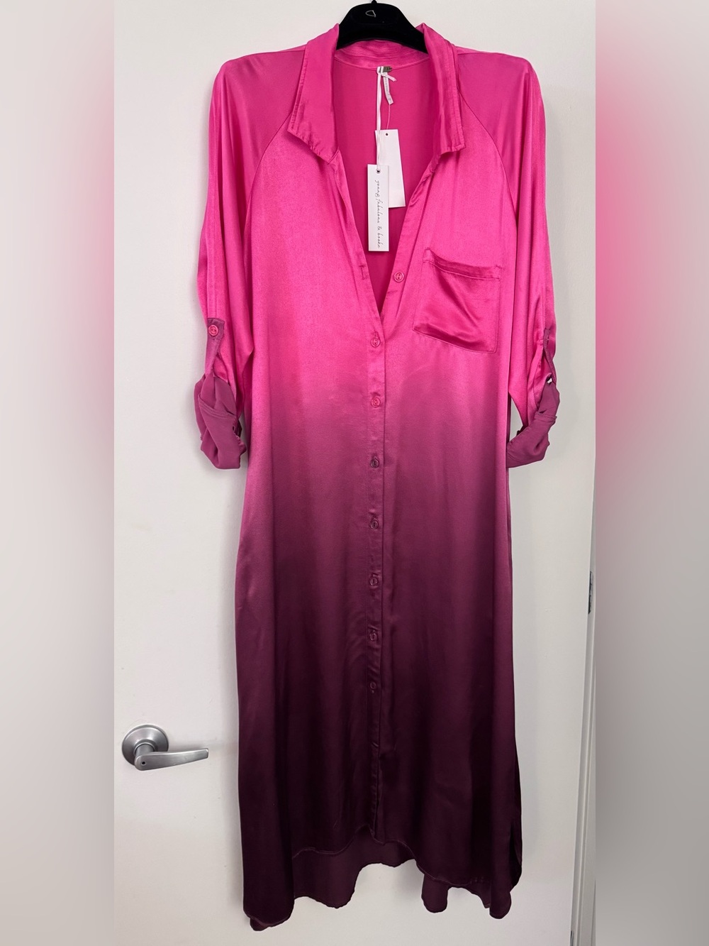 YBF Silky Satin Dress Ombre Long Sleeve - Fuchsia to Burgundy Sz M New w/tags